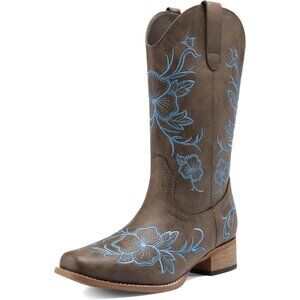 Women's Dark Brown Western Cowboy Boots Square Toe Embroidered Mid Calf Chunky